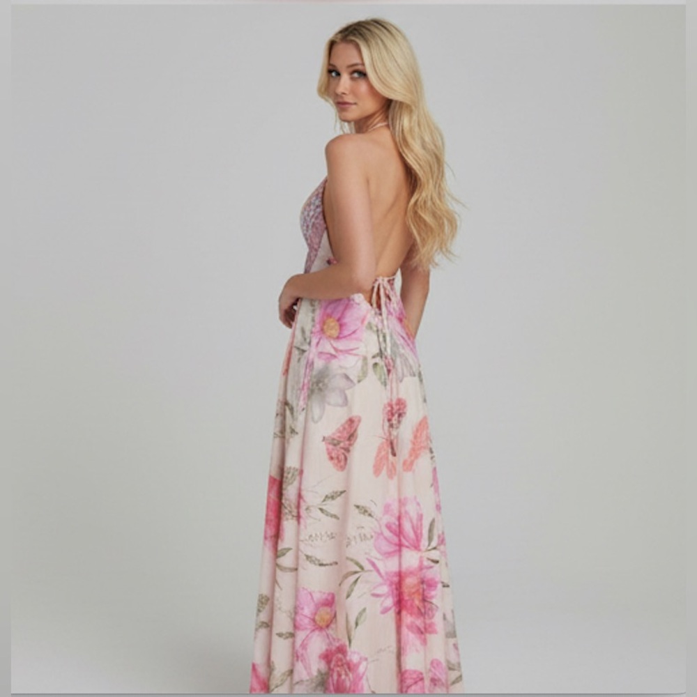 Boho Pink Floral Halter V- Neck Maxi Dress Low Back - Picture 2 of 12